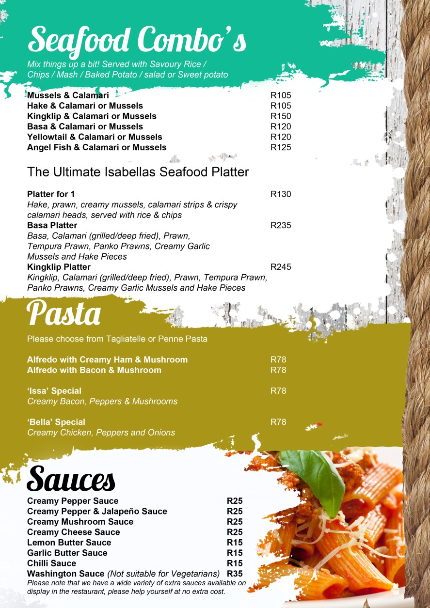 Isabellas Lamberts Bay Menu - Isabellas